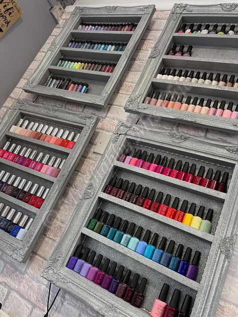 Nail Polish Racks, The Gel Bottle, Glitter Overlay, Nail Polish Rack, Polish Display, Glitter Overlays, Nail Room, Barry M, White Nail Polish