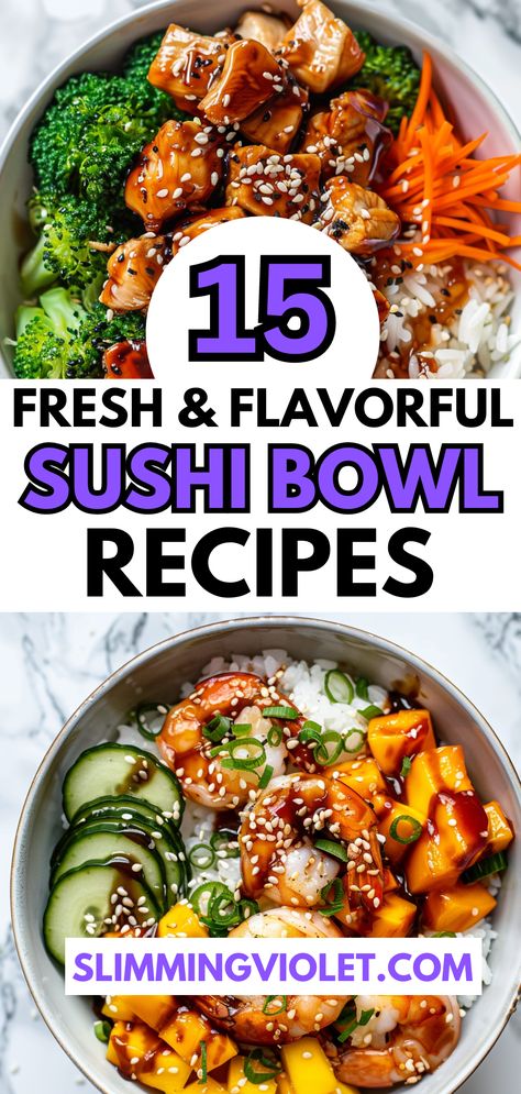 15 Fresh and Flavorful Sushi Bowl Recipes to Make Tonight - Slimming Violet - Recipes & Cooking Advice Sushi Bowl Recipes, Beef Sushi, Tofu Sushi, Chicken Sushi, Healthy Japanese Recipes, Sushi Bowl Recipe, Sushi Bowls, Healthy Sushi, Sushi Roll Recipes