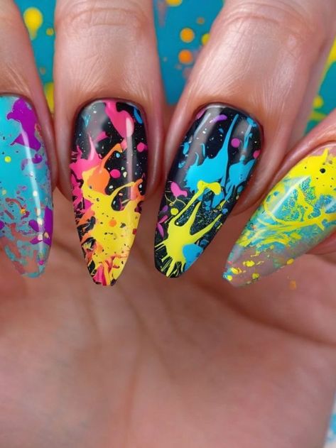 25+ Best Splatter Nail Designs and Ideas | Sarah Scoop Black Paint Splatter Nails, Neon Splatter Nails, Paint Splash Nails, Paint Splatter Nails, Ballerina Acrylic Nails, Splatter Nails, Nail Art Techniques, Colorful Paintings Acrylic, Drip Nails