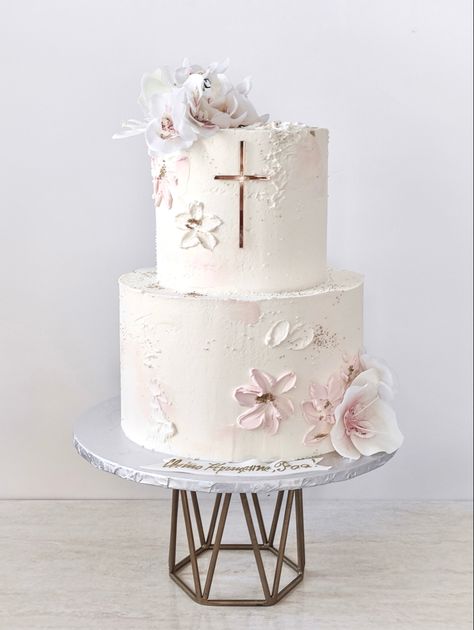 Girls Confirmation Cakes, Baptism Cake Girl Simple, 1st Communion Cakes Girl, Baptismal Cake Design, Girls Communion Cake, First Birthday Cake Butterfly, Girls Baptism Cake, Baptism Cakes Girl, Pink Baptism Cake