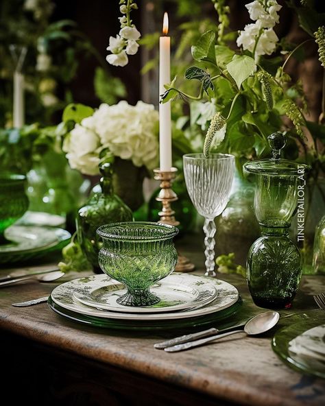 Green And White Tablescape, Wedding Green Table, Green Garden Party, Green Table Decor, Greenery Party, Green Table Settings, Formal Dining Room Table, Green Tablescape, Blue Party Decorations