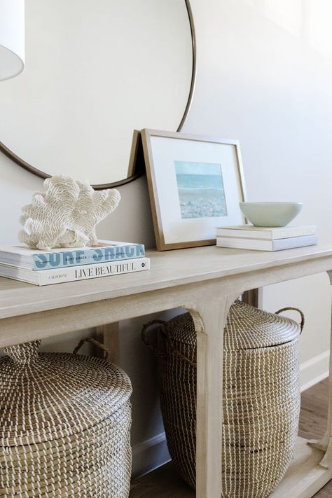 Coastal Entry Table, Coastal Entryway Ideas, Beach House Entryway, Beach House Office, Neutral Coastal Living Room, Beach House Decor Coastal Style, Modern Beach House Decor, Florida Apartments, Lifestyle Co