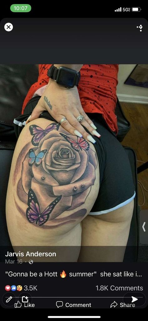 Tattoo Ideas Female Buttocks, Rose Tattoo On Buttocks, Butterfly On Buttocks Tattoo, Butterfly Tattoo On Buttocks, Butterfly Buttcheek Tattoo, Name On Buttcheek Tattoo, Buttcheek Tattoo Women, Tattoo On Buttcheek, Lip Print Tattoos