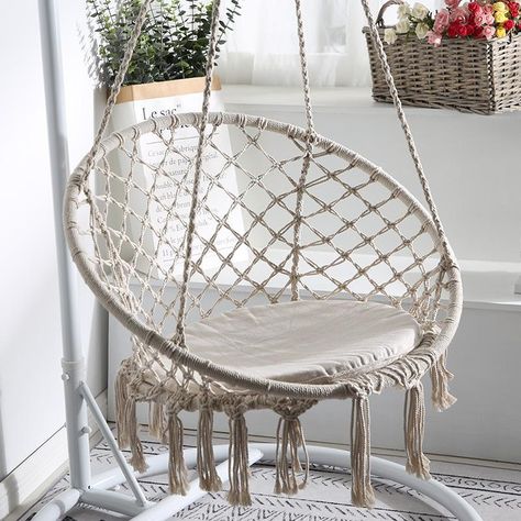 Hammock Chair Swing for Indoor Outdoor – rowdivir Hanging Chair Bedroom, Bedroom Hanging Chair, Rope Hammock Chair, Hammock Chair Stand, Hanging Seats, Bohemian Room Decor, Indoor Balcony, Chair Bedroom, Minimalist Chair