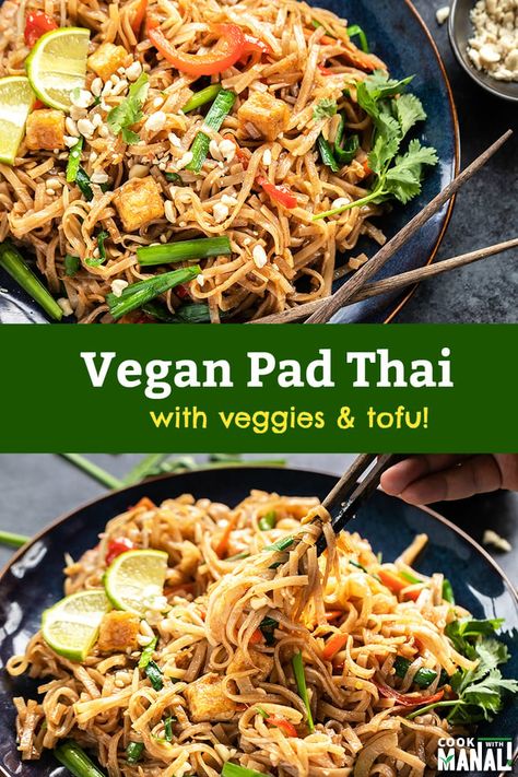 Homemade Vegan Pad Thai Noodles with veggies and tofu! This is one of my favorite weeknight meals, so easy and so much flavor! #vegan #padthai Easy Vegan Pad Thai, Veggie Pad Thai, Vegetarian Feast, Lenten Meals, Tofu Pad Thai, Thai Vegan, Budget Vegan, Vegan Gourmet, Veggie Mains