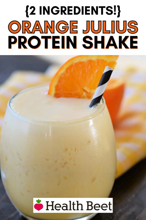 Delicious protein shake made with two ingredients; vanilla protein powder and orange juice. It tastes just like Orange Julius, but healthier. Vanilla Protein Recipes, Vanilla Protein Shake Recipes, Protein Powder Recipes Shakes, Vanilla Protein Smoothie, Protein Shake Ingredients, Protein Drink Recipes, Yummy Protein Shakes, Clean Simple Eats, Low Calorie Protein