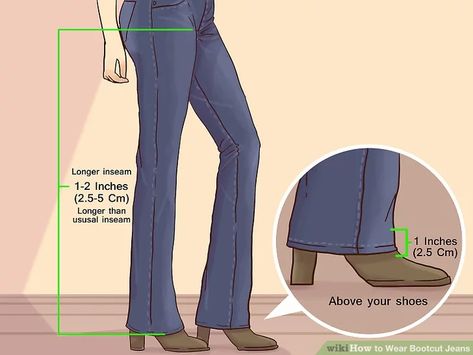 How to Wear Bootcut Jeans (with Pictures) - wikiHow Bootcut Jeans With Boots Outfits, Bootcut Jeans Outfit With Boots, Boots With Bootcut Jeans, Bootcut Jeans Outfit Spring, Shoes To Wear With Bootcut Jeans, How To Style Bootcut Jeans, Boot Cut Jeans Outfit, High Waisted Boot Cut Jeans, Jeans Outfit Ideas For Women