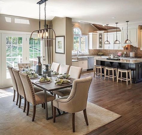 Kitchen Dining Room Combo, Open Concept Kitchen Living Room, Open Plan Kitchen Living Room, Farmhouse Kitchens, Dining Room Combo, Kitchen Dining Living, Living Room Area, Island Ideas, Living Room Remodel