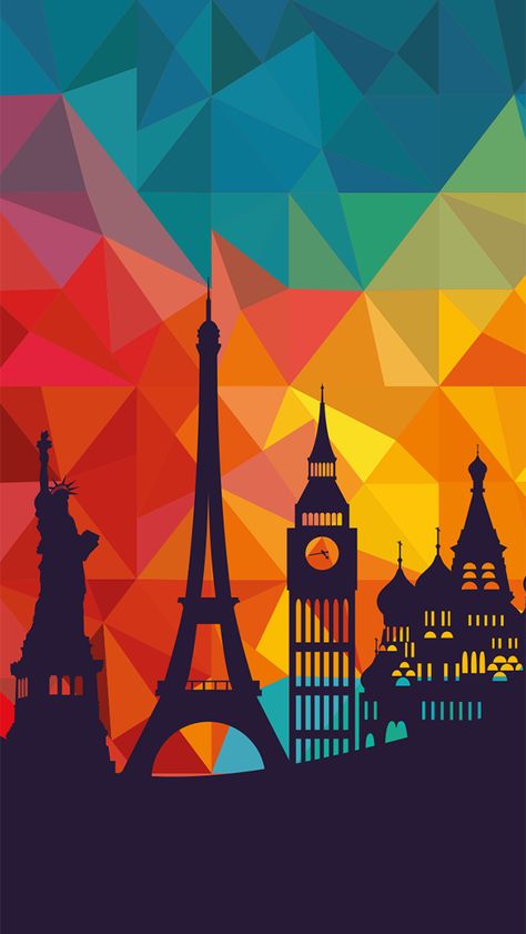 Para los amantes de la torre ifel, la estatua de la libertad, el famoso reloj de londres y el templo de india aquí lo tienen viajeros Geometric Wallpaper Iphone, معرض فني, Whatsapp Background, Iphone 6 Wallpaper, Travel Wallpaper, Wallpaper Tumblr, Art Pop, Geometric Wallpaper, Geometric Art