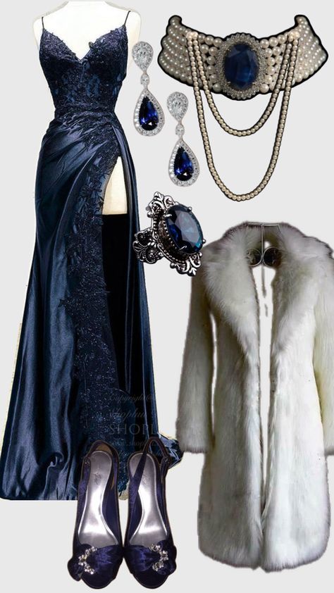 Winter Red Carpet Looks, Old Hollywood Dress Ideas, Regal Prom Dress, Winter Theme Dress, Full Glam Outfit, Holiday Dress Aesthetic, Elegant Rich Aesthetic, Dark Blue Outfit Ideas, Winter Party Dresses For Women