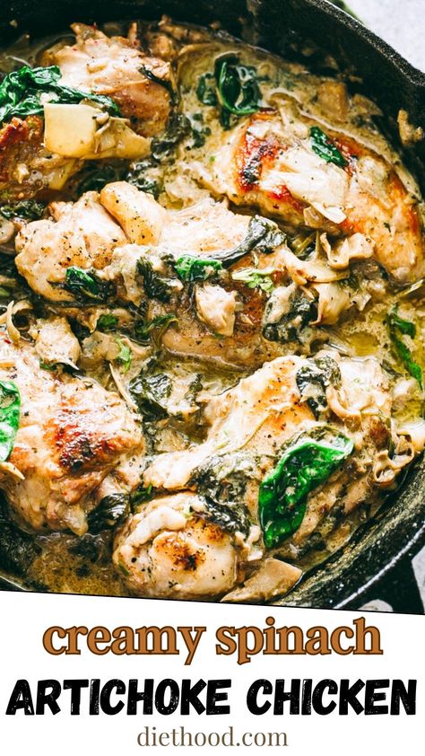 Spinish Artichoke Chicken, Creamy Spinach Artichoke Chicken Stew, Arugula Chicken Recipes, Chicken And Artichoke Recipes, Spanicopita Recipe, Chicken Spinach Artichoke Casserole, Creamy Spinach Artichoke Chicken, Chicken Skillet Dinner, Diethood Recipes