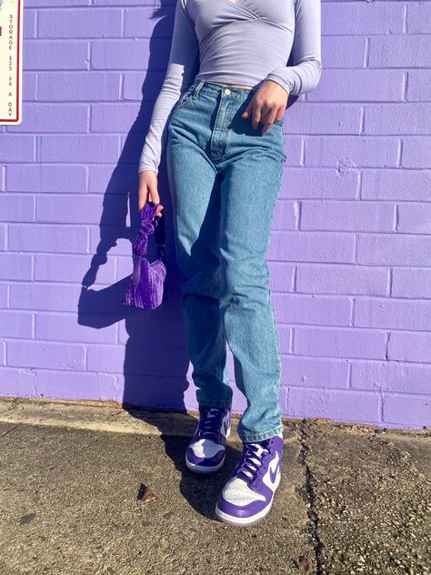 purple, sneakers, clothes, brandy melville, nike dunk Purple Dunks Outfit, Sb Dunks Outfit, Purple Jordans Outfit, Purple Jordans, Purple Shirt Outfits, Hype Store, Nike Dunks Outfit, Purple Nike Shoes, Purple Swag