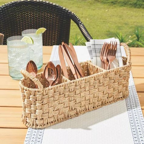 Better Homes & Gardens- Beige Oval Rattan Caddy | Walmart (US) Utensil Caddy Ideas, Divided Basket, Silverware Caddy, Silverware Drawer Organizer, Wicker Material, Silverware Organization, Condiment Caddy, Kitchen Table Centerpiece, Royal Craft