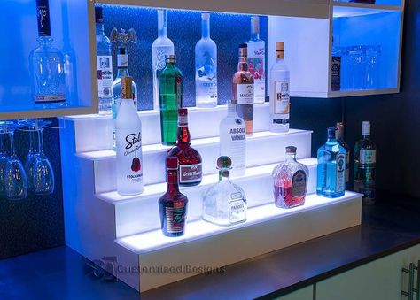 4 Tier LED Lighted Liquor Shelf with White Finish Bottle Display Shelf, Liquor Bottle Display, Liquor Shelf, Bar Shelves, Diy Home Bar, Bar Shelf, Wine Bottle Rack, Home Bar Designs, Bar Displays