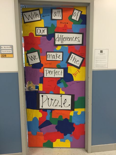 No place for hate door decoration.   "With all of our differences, we make the perfect puzzle" Inclusion Door Decorations Classroom, Puzzle Door Decorations Classroom, Special Education Classroom Door Ideas, Puzzle Classroom Door, Special Education Door Decorations, Puzzle Theme Classroom, Special Ed Door Decoration, Puzzle Bulletin Board Ideas, Classroom Door Decoration Ideas