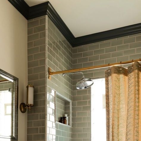 Fireclay Tile on Instagram: "Traditional meets timeless courtesy of handmade subway tile in this exquisite bathroom💫 Need more? Tap the link in bio for all the details.⁠ -⁠ Tile Shown: #Fireclay3x6 in #FireclayOvercast⁠ -⁠ Design: @anne_mcdonald_design⁠ -⁠ 📷️: @taylorhallobrien⁠ -⁠ Styling: @lizgrdnr" Mixing Square And Subway Tile, Penny Tile Half Bath, Cottage Bathroom Tile Ideas, Classic Subway Tile Bathroom, Shower Tile Edge Finish, Alcove Tub Tile Ideas, Craftsman Bathroom Tile, Bathroom Subway Tile, Traditional Bathroom Tile