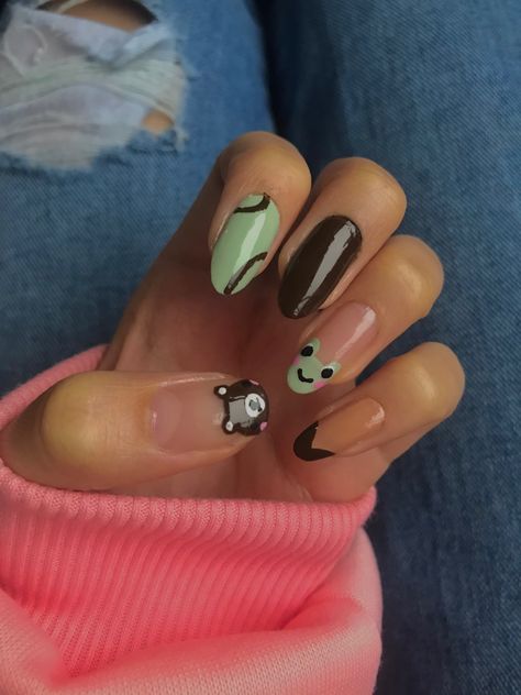 aesthetic green and brown kawaii Green And Brown Nail Designs, Green And Brown Nails Acrylic, Green Brown Nails, Aesthetic Green And Brown, Brown And Green Nails, Green And Brown Nails, Brown Kawaii, Braided Ideas, Frog Nails