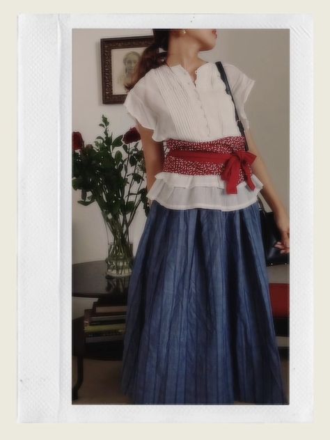 Red Obi Belt Outfit, White Ruffled Blouse, and Blue Striped Skirt Obi Belt Batik, Obi Belt Outfit, Street Style Skirt, Batik Skirt, Belt Outfit, Blue Striped Skirt, Outfit Kondangan, White Ruffle Blouse, Navy Outfit