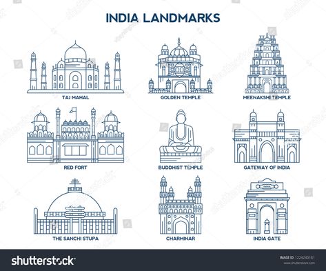 Simple Set of India Landmarks Related Vector Line Icons. Contains such Icons as Taj Mahal, Golden Temple, Meenakshi Temple, Red Fort and moreRelated#Vector#Line#Landmarks Monuments Of India Sketch, Red Fort Sketch, Historical Monuments Drawing, Architecture Doodle, Tourism Branding, Meenakshi Temple, Sanchi Stupa, Monument In India, Tourism Logo