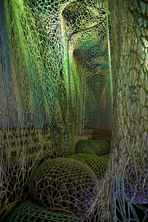 One of the elements of Nike's Flynit Collective with Ernesto Neto's Installation design is sustainability Art Installation, Yarn, Nike, Purple, Green, Art