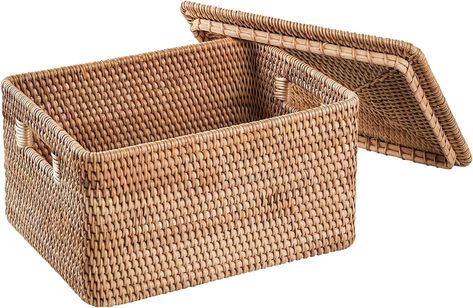 Amazon.com: FIYAMMY Rattan Basket With Lid, Large Lidded Basket For Storage Square Rattan Box(17.32" L×13.39"W×11.81"H) : Home & Kitchen Baskets With Lids For Storage, Baskets With Lids, Shelf Baskets, Lidded Basket, Bathroom Baskets, Basket With Lid, Basket Shelves, Rattan Basket, First Home