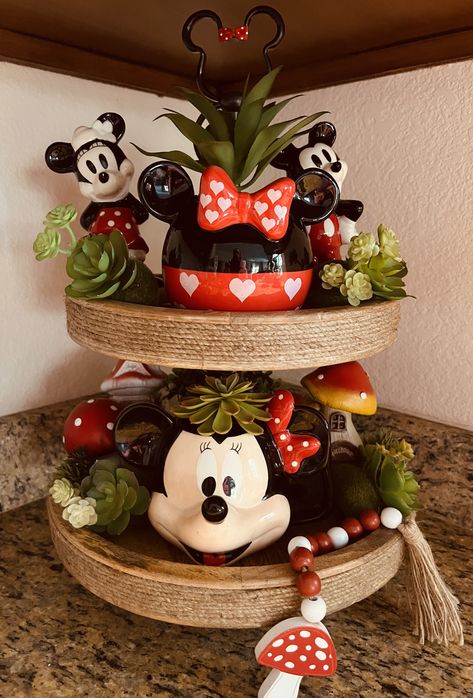 Christmas Entry Table, Disney Christmas Diy, Decor With Lights, Disney Wreath, Mickey Kitchen, Tiered Tray Decorations, Christmas Entry, Tiered Shelf, Tiered Tray Ideas