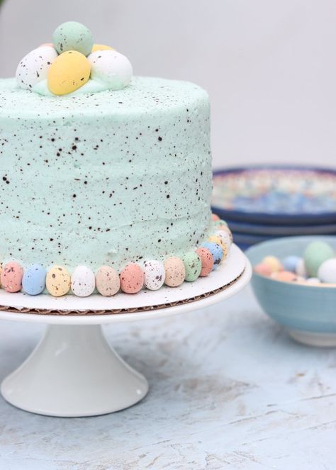 How to Make a Speckled Egg Cake for Easter | Sprinkle of This How To Make Speckled Easter Eggs, Easter Cakes Easy, Speckled Egg Cake, Easter Cake Designs, Easter Themed Cakes, Easter Cake Decorating, Easter Egg Cake, Candy Egg, Egg Cake