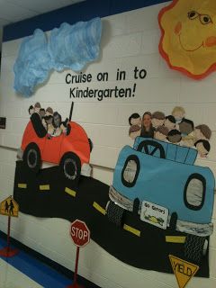 Cruise on In to Kindergarten "back to school" hall display idea! Kindergarten Registration, Desk Pets, Door Bulletin Boards, Transport Art, First Grade Parade, Kindergarten Bulletin Boards, Back To School Ideas, Clothes School, Fun Hats