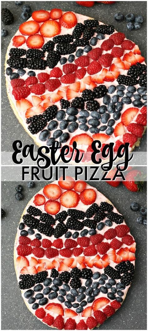 A sugar cookie base with a strawberry cream cheese frosting topped with fresh berries makes the perfect Easter Egg Fruit Pizza. Fun to decorate with the kids! | www.persnicketyplates.com Egg Fruit Pizza, Easter Egg Fruit Pizza, Egg Fruit, Pizza Dessert, Strawberry Cream Cheese Frosting, Fruit Pizza Sugar Cookie, Easy Easter Desserts, Pastas Recipes, Fruit Pizza Recipe