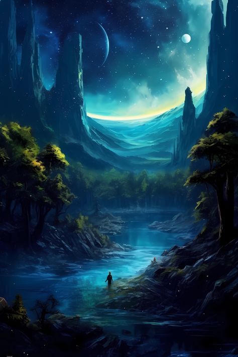 Mountain Moon Painting, Fantasy River Art, Mountain Village Fantasy Art, Fantasy Moon Art, Fantasy Landscape Drawing, Mountain Fantasy Art, Fantasy Art Background, Fantasy River, Moon Fantasy Art