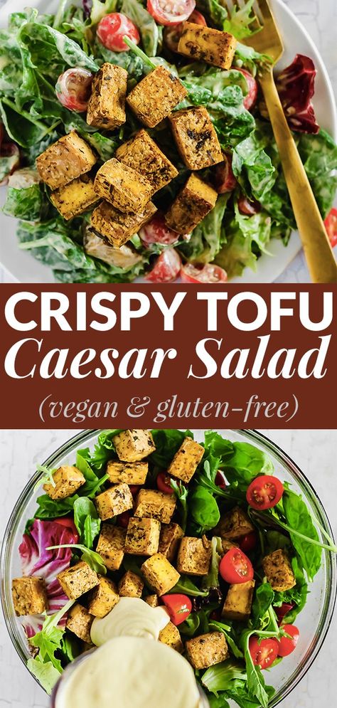 No more sad salads! This Crispy Tofu Caesar Salad is a dairy-free version of the classic dish with a tangy cashew dressing and baked tofu cubes. Serve it as a side or enjoy it for a meal. Vegan & gluten-free! #emilieeats #saladrecipes #vegansidedish #veganthanksgiving #vegancesarsaladrecipe Tofu Cubes, Cashew Dressing, Vegan Caesar Salad, Vegan Caesar, Tofu Vegan, Tofu Salad, Tofu Dishes, Crispy Tofu, Baked Tofu