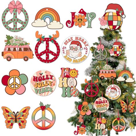 PRICES MAY VARY. Groovy Christmas Ornaments: The whole package include 24pcs wooden Christmas tree hanging ornaments, which have 12 different designs, 2 piece of each pattern. Sufficient quantity and proper size for your Christmas tree decoration, home party favor supplies Groovy Style Design: These wood tree ornaments combined the Christmas element and groovy elements, so it is very different from traditional Christmas hanging decoration. Bright color make them exquisite and vivid, like rainbow Groovy Christmas Tree, Groovy Christmas Decor, Hippie Christmas Tree, Peace Ornaments, Groovy Elements, Flower Peace Sign, Hippie Christmas, Christmas Tree Wood, Groovy Christmas