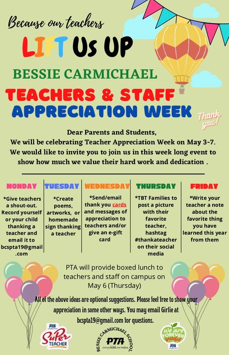 Teacher Appreciation Week | SFUSD Teacher Appreciation Spirit Week Ideas, Staff Spirit Week Ideas, Teacher Appreciation Week Ideas Student, Free Teacher Appreciation Ideas, Teacher Appreciation Week Themes 2023, Teacher Appreciation Ideas From Students, Teacher Appreciation Week Day By Day, Pto Teacher Appreciation Week, Pta Ideas For Teacher Appreciation Week