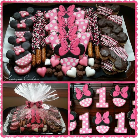 Minnie Mouse Pink Cookies First 1st Birthday Platter Chocolate Covered Oreos Dipped Pretzels Rice Krispie Treats Birthday Platter, Cookie Birthday, Minnie Mouse Cookies, Minnie Mouse Birthday Party Decorations, Dipped Pretzels, Minnie Mouse First Birthday, Minnie Mouse 1st Birthday, Minnie Mouse Baby Shower, Minnie Birthday Party