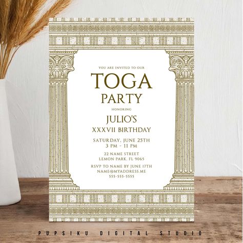 Toga Party Invitation, 5x7 Editable File with Greek temple for a Costume Party, Ancient Greece Rome Birthday, Instant Corjl Template 031C Gatsby Birthday, Gatsby Birthday Party, Goddess Halloween, Toga Party, Elegant Template, Greek Temple, Greek Gods And Goddesses, Party Invite, Greek Gods