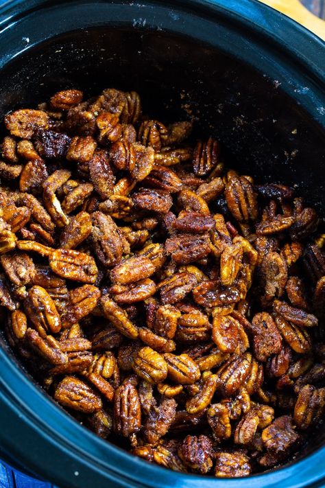 Crock Pot Candied Pecans Slow Cooker Candied Pecans, Crockpot Candy Pecans, Slow Cooker Candy, Small Slow Cooker, Candied Pecans Recipe, Crockpot Candy, Oatmeal Toppings, Game Snacks, Pecan Recipes