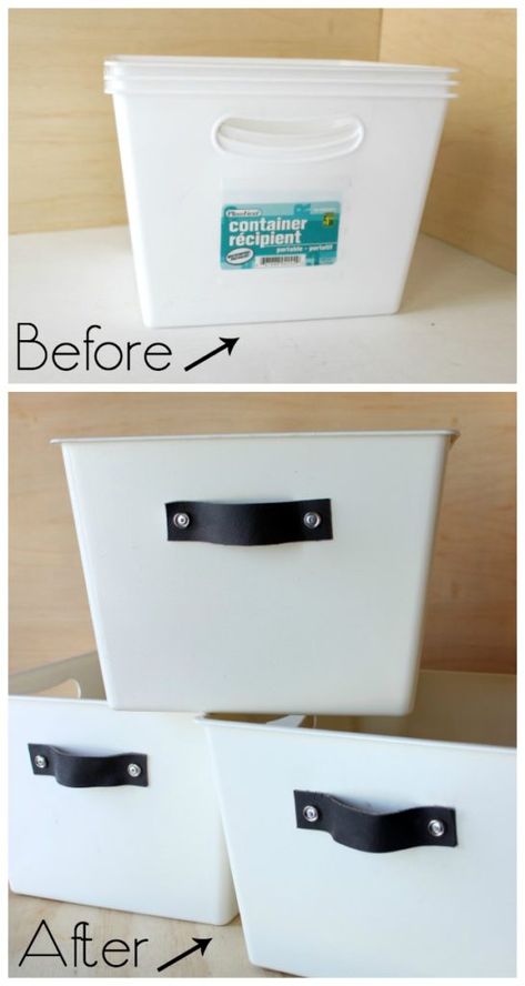 Turn any dollar store bin into DIY stylish organization totes with spray paint and leather handles. Perfect for the kitchen, bedroom or linen closet! Dollar Store Bins, Linen Closet Organization, Organizing Hacks, Organisation Hacks, Tote Organization, Ideas Hogar, White Storage, Plastic Bins, Craft Room Storage