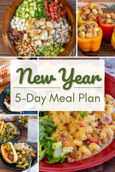 meal plan graphic collage Family Gathering Food, 5 Day Meal Plan, Potato Rolls, Ringing In The New Year, Potato Roll, New Year's Food, Weekly Meal Plan, A Fresh Start, 21 Day Fix