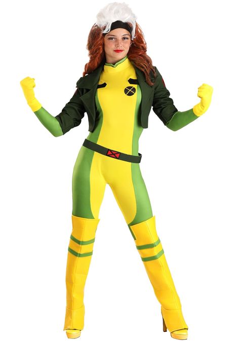 PRICES MAY VARY. Size: Medium ICONIC DESIGN: Yellow and green polyester-spandex bodysuit with the X-Men logo on the chest, inspired by the famous animated series look of Rogue. CUTOFF JACKET: Dark green jacket with wide lapels, shoulder patches, and a cutoff style that adds to the authentic superhero look. COMPLETE ACCESSORIES: Matching yellow gloves, knee-high boot covers, and an X-Men logo belt bring the costume together for a full transformation into Rogue. HIGH-QUALITY FABRIC: The bodysuit i Rogue Costume, X Men Costumes, Dark Green Jacket, Yellow Gloves, Spandex Bodysuit, Costume Boots, Marvel Costumes, Yellow Costume, Men Logo