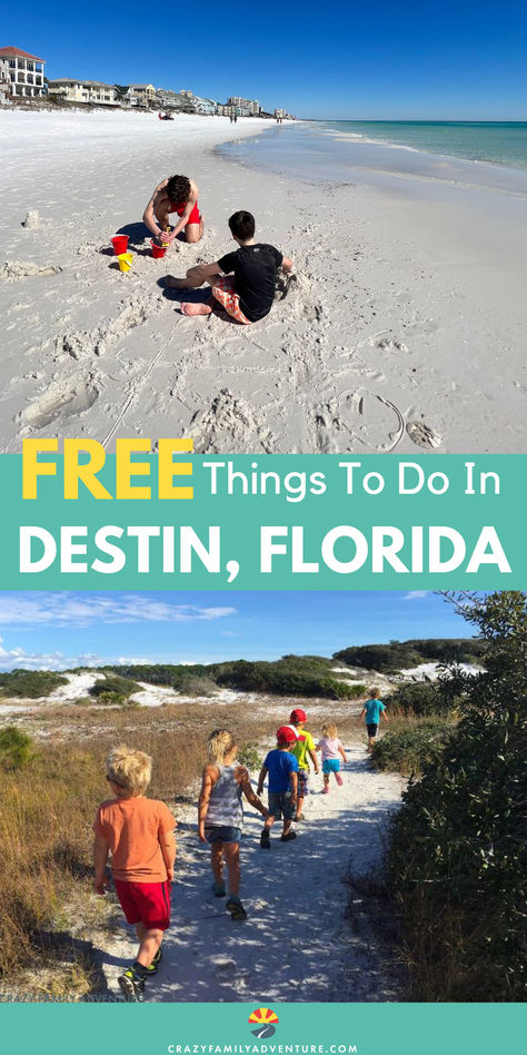 Kids playing on the beach. Kids hiking in Destin. Text reads: FREE things to do in Destin Florida. Crab Island, Destin Florida Vacation, Florida Travel Guide, Okaloosa Island, American Holidays, Travel America, Fort Walton Beach, Emerald Coast, Destin Florida