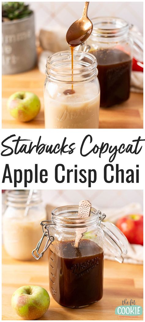 Apple Chai Syrup and Apple Crisp Chai Chai Cider Recipe, Chai Coffee Creamer Recipe, Chai Tea Diy, Spiced Apple Tea Starbucks, Chai Tea Starbucks Recipe, Starbucks Apple Crisp Syrup, How To Make Chai Tea Concentrate, Starbucks Apple Chai, Apple Pie Chai Tea