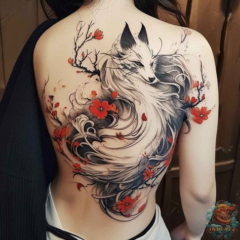 86 unique and beautiful kitsune tattoo designs featuring the legendary Japanese fox spirit. #kitsunetattoo #foxtattoo . #Kitsune_Arm_Tattoo #Tattoo_Design_For_Legs_Women #Nine_Tailed_Fox_Tattoo_Design #Cute_Kitsune_Tattoo Kitsune Tattoo Ideas, Fox Back Tattoo, Dryad Tattoo, Japanese Kitsune Tattoo, Kitsune Tattoo Design, Japanese Art Tattoo, Kitsune Tattoo, Japanese Kitsune, Fox Tattoo Design