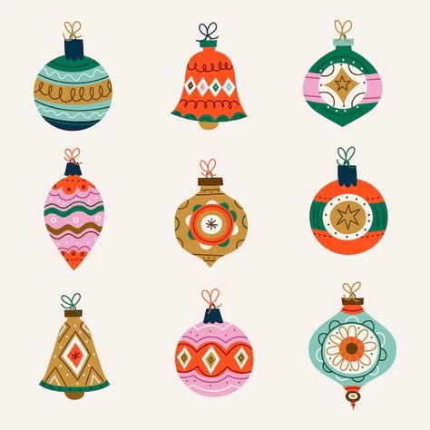 Retro Christmas Ornaments Illustration, Christmas Ornaments Design Ideas, Hand Drawn Ornaments, Graphic Design Ornaments, Ornament Illustration Christmas, Christmas Paper Pattern, Christmas Ball Design, Ornament Graphic Design, Christmas Baubles Illustration