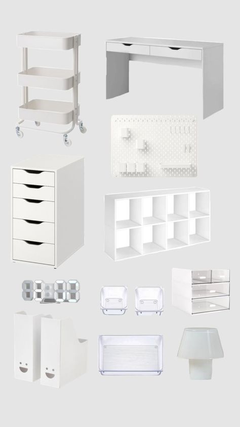 Studying Room Ideas, White Aesthetic Office Room, Cool Desks For Bedrooms, Desk Ispo, Aesthetic Home Decor Items, Cute Desk Ideas Aesthetic, White Aesthetic Room Ideas, Make Up Desk Aesthetic, Room White Aesthetic