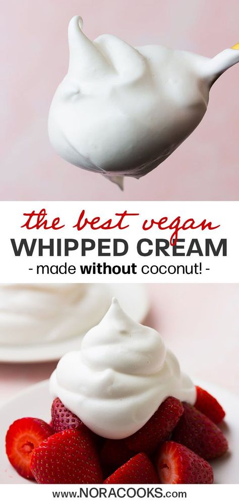 This vegan whipped cream is amazing! Ready in 5 minutes and made with NO coconut, this might be the healthiest and fluffiest whipped topping on the planet. Use this dairy free whipped cream to top fresh berries and of course it's perfect for your vegan thanksgiving pumpkin pie too! #vegan #veganbaking #dairyfree #plantbased #thanksgiving Vegan Whipped Cream, Recipes With Whipping Cream, Vegan Thanksgiving, Sem Lactose, Vegan Dessert Recipes, Vegan Treats, Vegan Sweets, Vegan Foods, Cream Recipes