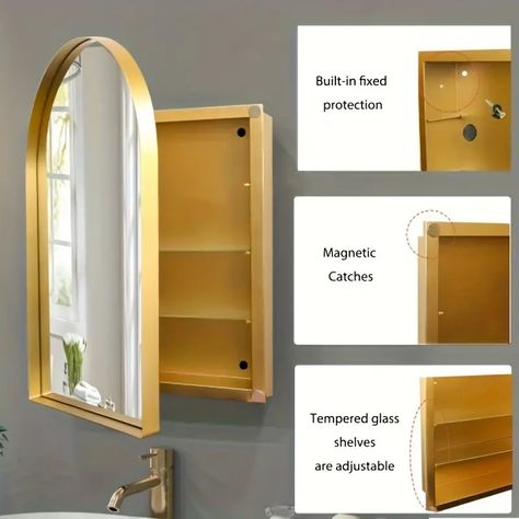 1pc, Arched Embedded Medicine Cabinet, Metal Frame Bathroom Wall Cabinet With Mirror And Adjustable Shelf, Wall Mirror With Bathroom Storage Space - Home & Kitchen - Temu Medicine Cabinet Ideas, Modern Medicine Cabinet, Bathroom Mirror With Storage, Bathroom Vibes, Wall Mirrors With Storage, Bathroom Wall Cabinet, Arched Design, Hidden Shelf, Recessed Medicine Cabinet