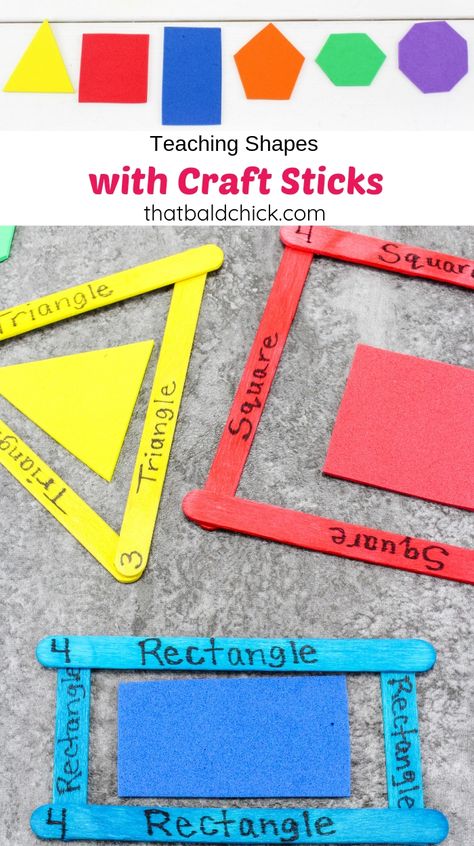 Teaching Shapes with Craft Sticks Preschool Square Crafts, Shape Graphing Preschool, Year 2 Shape Activities, Triangle Activities, Popsicle Stick Shapes, Triangle Activities For Toddlers, Triangle Activities For Preschool, Square Activities For Toddlers, Shapes Activities Kindergarten