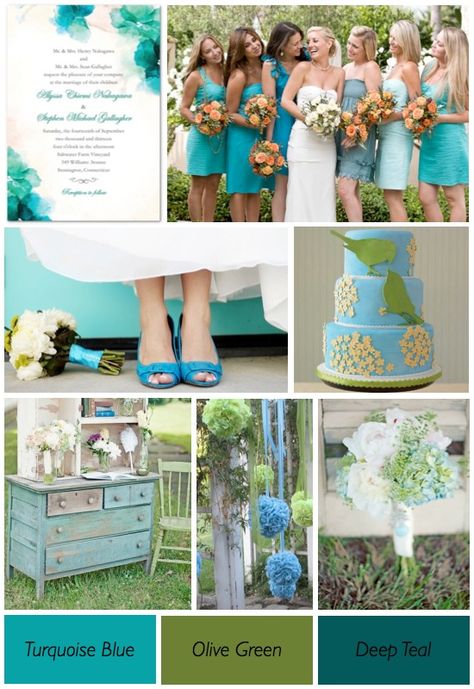 Color option #3, olive green and teal. Blue Green Wedding Colors, Blue And Green Wedding, Hydrangea Wedding Invitations, Turquoise Color Scheme, Blue Hydrangea Wedding, Blue Green Wedding, Olive Green Weddings, Color Pantone, Green Themed Wedding