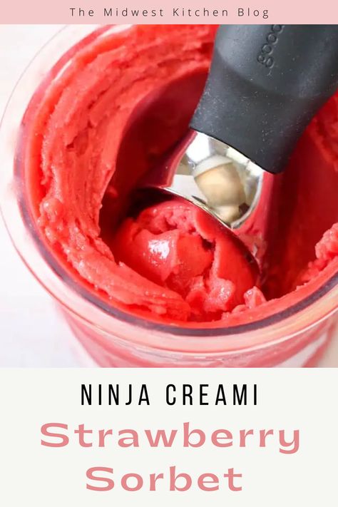 Ninja Creami strawberry sorbet is the perfect summer treat! This sweet and creamy frozen dessert is a healthy treat made with 3 ingredients - strawberries, lemon juice, and cane sugar, inside your ninja creami ice cream machine. Ninja Ice Cream Sorbet, Healthy Ninja Creami Fruit, Ninja Creami Sugar Free Sorbet, Ninja Creami Recipes Using Frozen Fruit, Ninja Creami Strawberry Sorbet Recipes, Ninja Creami Raspberry Sorbet, Ninja Creami Sherbet, Italian Ice Ninja Creami, Raspberry Sorbet Ninja Creami