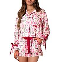 Shirt Collar Styles, Bow Shorts, Christmas Pajama Set, Satin Pajamas, Turndown Collar, Ruffle Shorts, Print Pajamas, Pajamas Set, Pajama Shorts